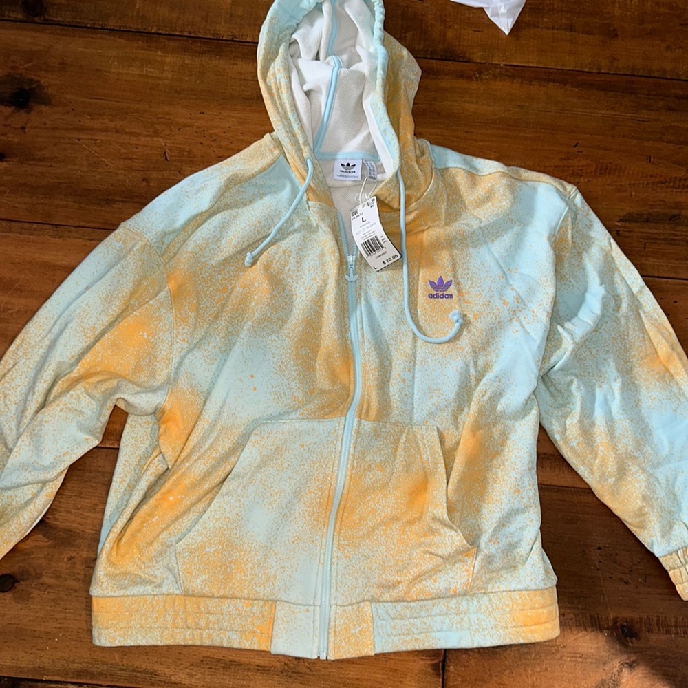 Teal and Yellow Adidas Original Zip Hoodie